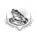 A frog leaping off a lily pad surrounded by swirling water tattoo design idea