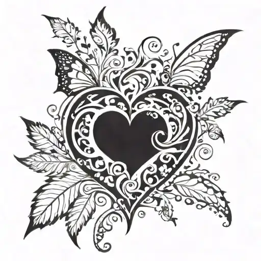 Black hole in the shape of a heart. Leaves and butterflies surrounding heart. Leaves going up rib cage  tattoo design idea