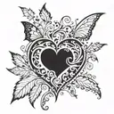 Black hole in the shape of a heart. Leaves and butterflies surrounding heart. Leaves going up rib cage  tattoo design idea