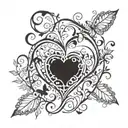 Black hole in the shape of a heart. Leaves and butterflies surrounding heart. Leaves going up rib cage  tattoo design idea