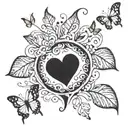 Black hole in the shape of a heart. Leaves and butterflies surrounding heart. Leaves going up rib cage  tattoo design idea