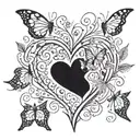 Black hole in the shape of a heart. Leaves and butterflies surrounding heart. Leaves going up rib cage  tattoo design idea