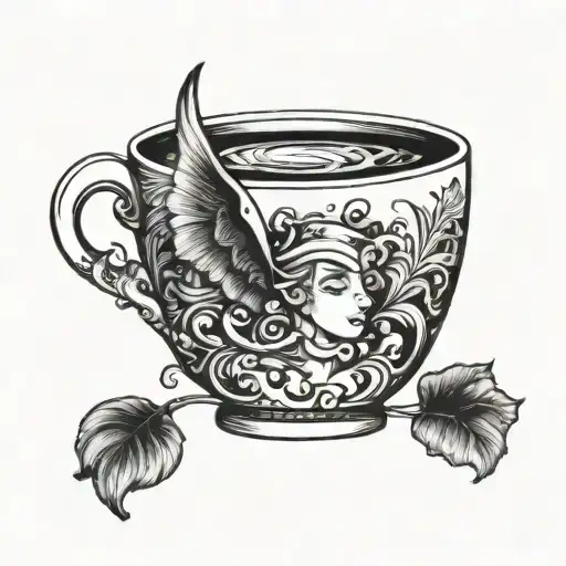 A whimsical coffee cup with elfe farfadet wings tattoo design idea