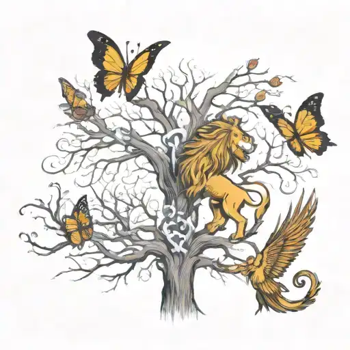 tree, lion, butterfly and phoenix rising from the ashes tattoo design idea