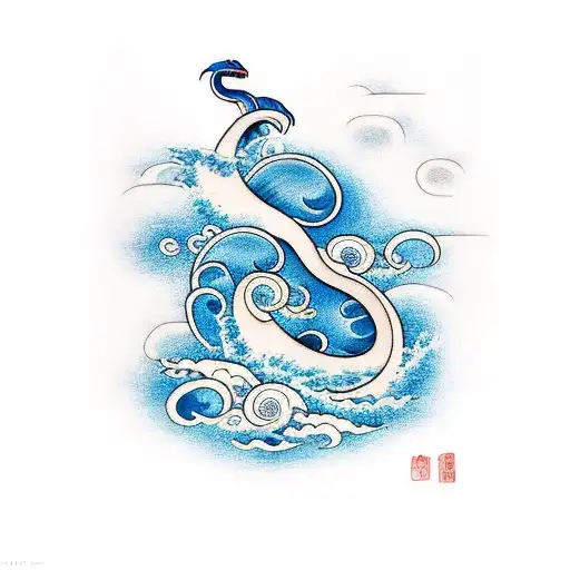 Lugia with waves and blue flower tattoo design idea