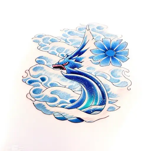 pokemon Lugia with waves and blue flower tattoo design idea