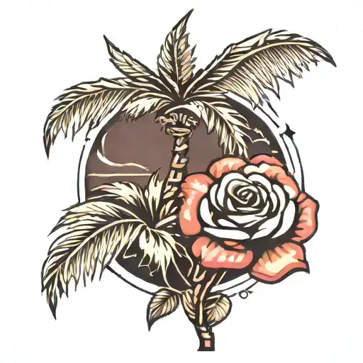 palm tree with sand and a rose tattoo design idea