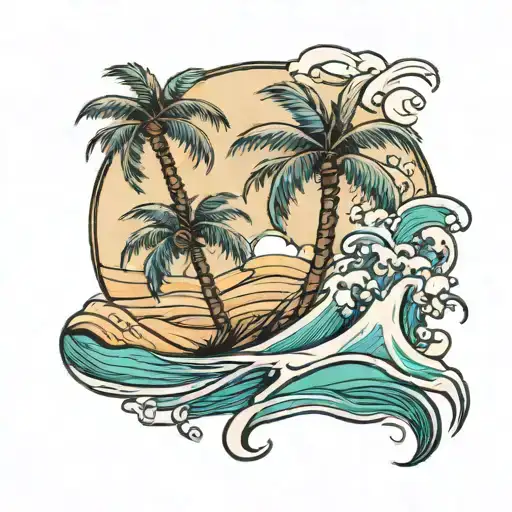 palm tree with sand dune and waves flowing tattoo design idea