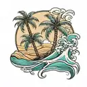 palm tree with sand dune and waves flowing tattoo design idea