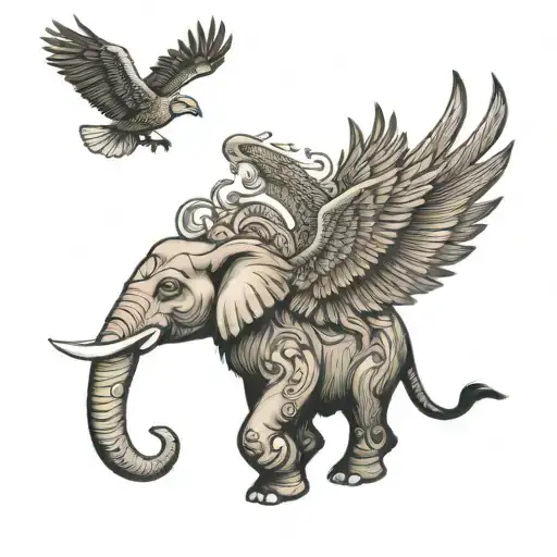 an elephant and an eagle soaring tattoo design idea