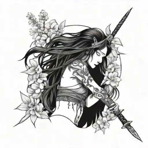 fallen female korean demon warrior clutching her sword and surrounded by bluebirds and wildflowers tattoo design idea