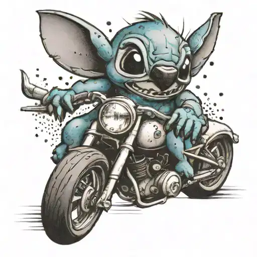 disney stitch on a motorbike racing tattoo design idea