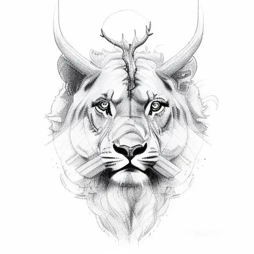 A detailed sketch of a truck driver surrounded by majestic animals representing different aspects of life tattoo design idea