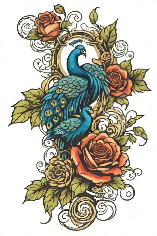 good vs evil intwined with peacock intwined with thorny roses  tattoo design idea