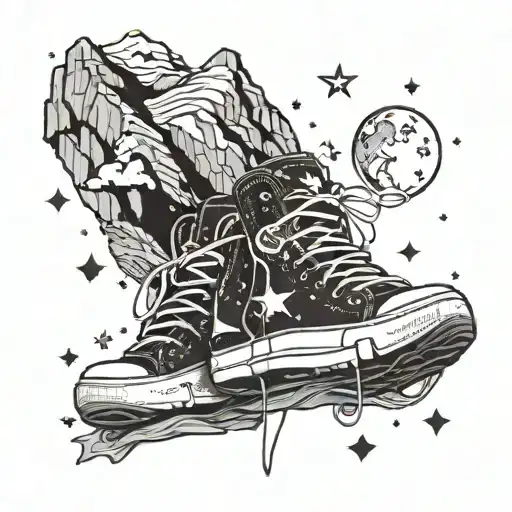 A pair of sneakers hanging from a mountain peak with stars in the sky tattoo design idea