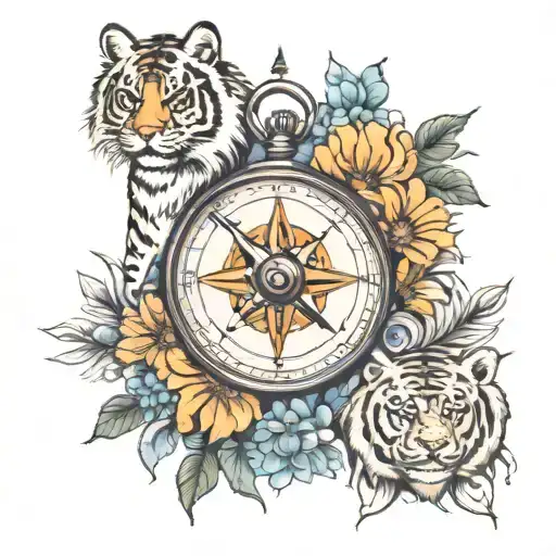 compass with daisy and a Siberian tiger surrounded tattoo design idea