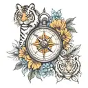 compass with daisy and a Siberian tiger surrounded tattoo design idea