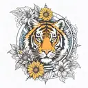 compass with daisy and a Siberian tiger surrounded tattoo design idea