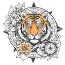 compass with daisy and a Siberian tiger surrounded tattoo design idea