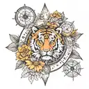 compass with daisy and a Siberian tiger surrounded tattoo design idea