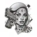 A fierce ghetto female head with makeup, teeth grill, and gun surrounded by bold geometric patterns tattoo design idea
