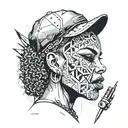 A fierce ghetto female head with makeup, teeth grill, and gun surrounded by bold geometric patterns tattoo design idea