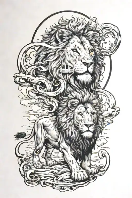 lion and jesus arriving at sky filled tattoo design idea