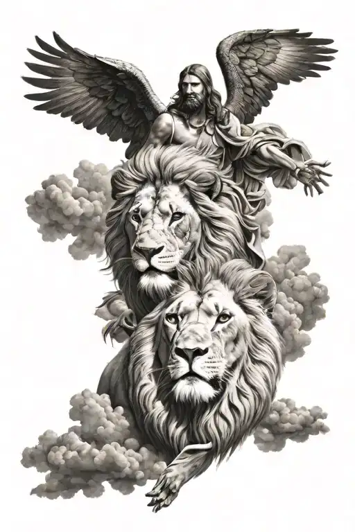 lion and jesus arriving at sky tattoo design idea