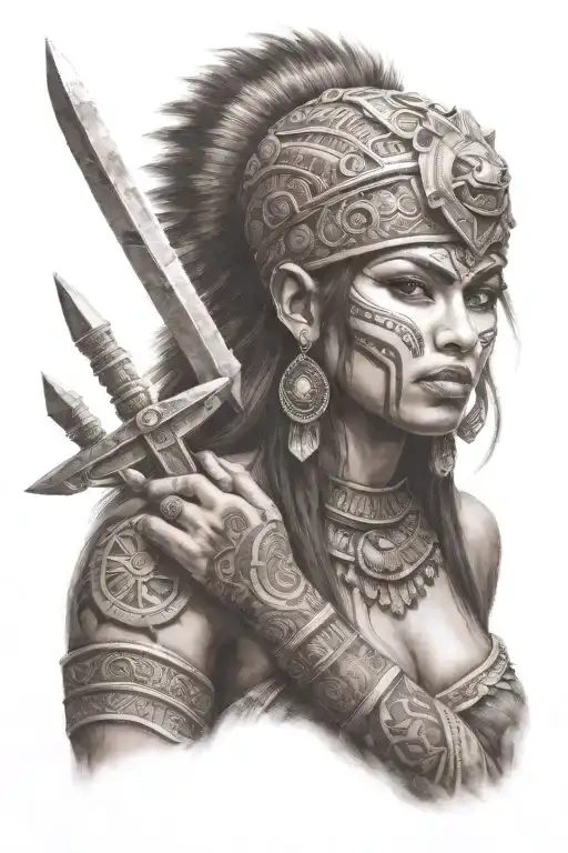 Aztec goddess with brown eyes holding a dagger in her hand and the berserker symbol on her cheek tattoo design idea