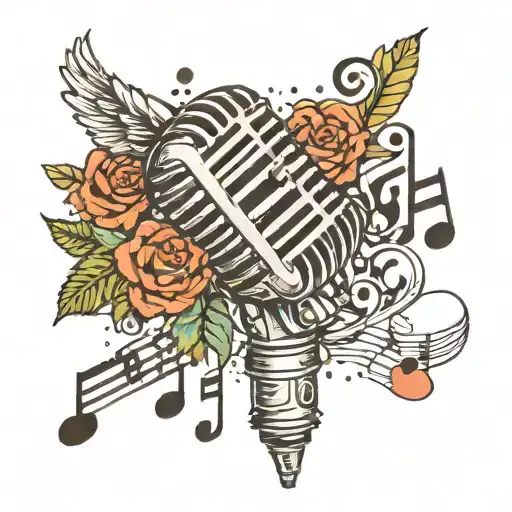 music microphone surrounded by musical notes floating tattoo design idea
