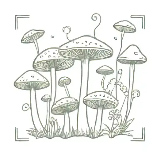 A whimsical mushroom garden with hidden musical symbols and plants tattoo design idea