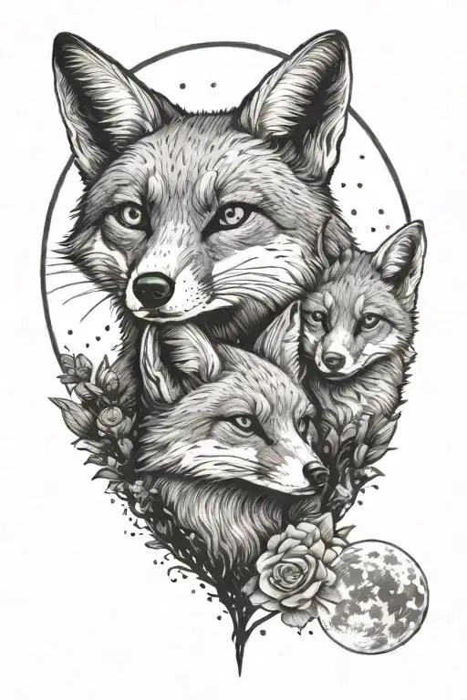 mom and one  baby fox sitting together with moon in background tattoo design idea