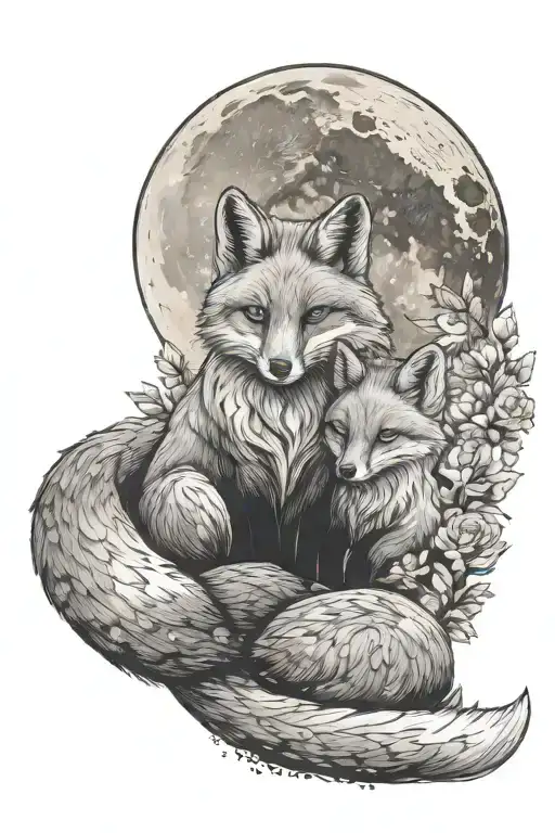 mom and one  baby fox sitting together with moon in background tattoo design idea