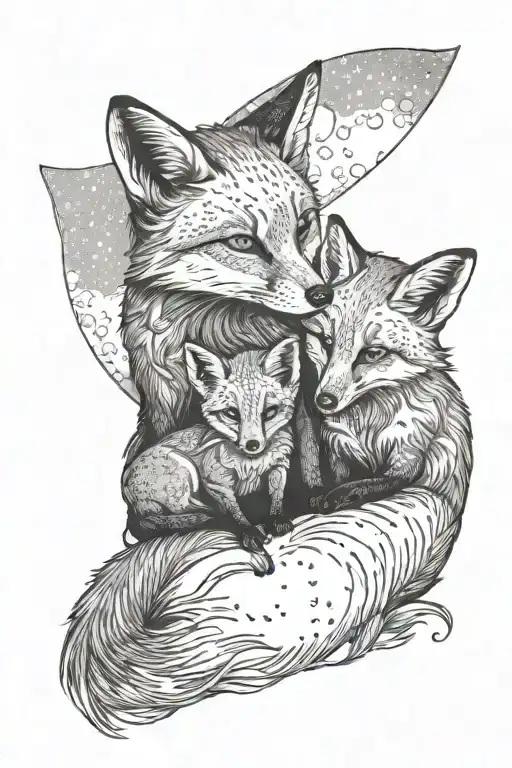 mom and baby fox sitting together with moon in background tattoo design idea
