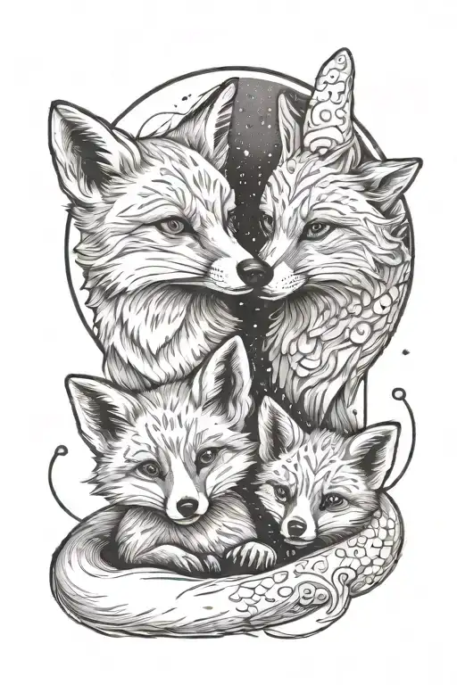 mom and one  baby fox sitting together with moon in background tattoo design idea