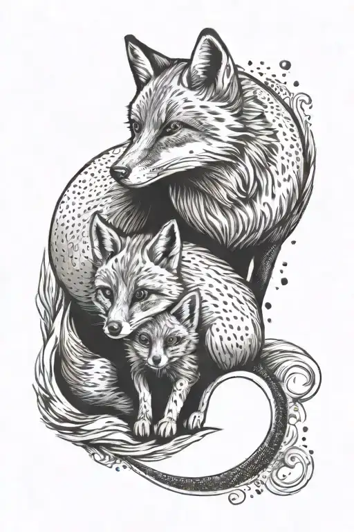 mom and one  baby fox sitting together with moon in background tattoo design idea