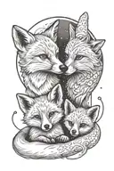mom and one  baby fox sitting together with moon in background tattoo design idea