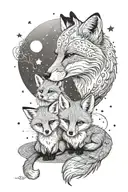 mom and one  baby fox sitting together with moon in background tattoo design idea