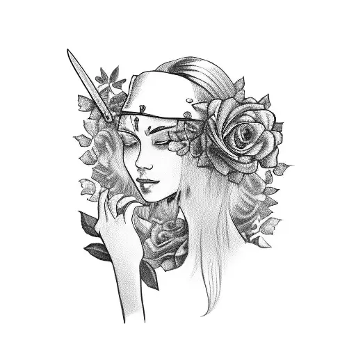 A woman with blindfolded eyes surrounded by red roses, a butterfly on her lap and a sword in her left hand and a right h tattoo design idea