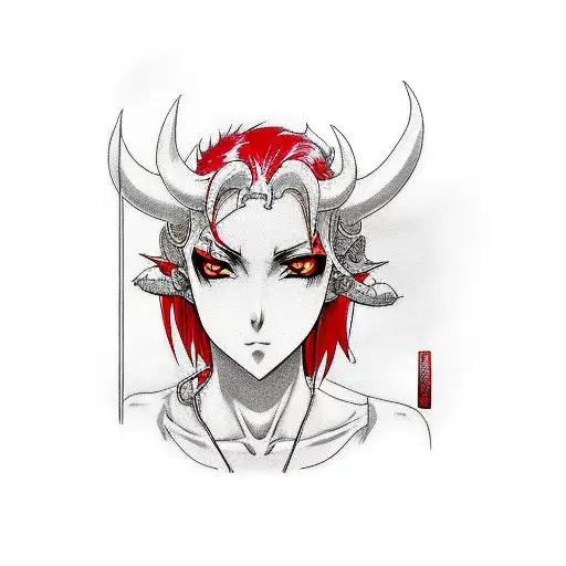 anime succubus with red horns in a portrait tattoo design idea