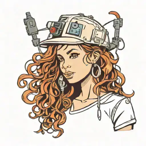 curly red-brown long hair girl wanting to be an electrician tattoo design idea