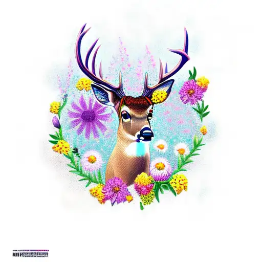 deer flowers tattoo design idea