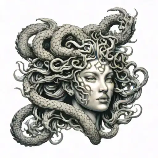 beautiful frontal face of medusa with chinese dragon on her head tattoo design idea