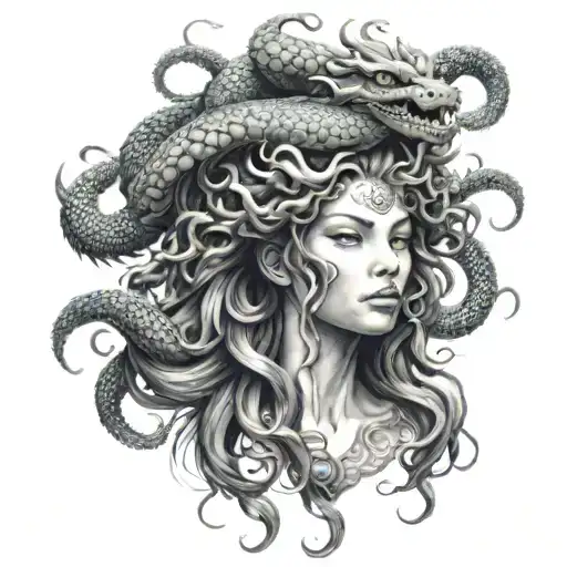 beautiful face of medusa with chinese dragon on her head tattoo design idea