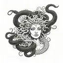 front face of medusa with chinese dragon on her head instead of snakes tattoo design idea