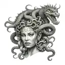 beautiful face of medusa with chinese dragon on her head tattoo design idea