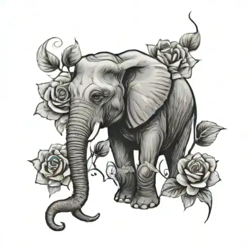 elephant with roses tattoo design idea