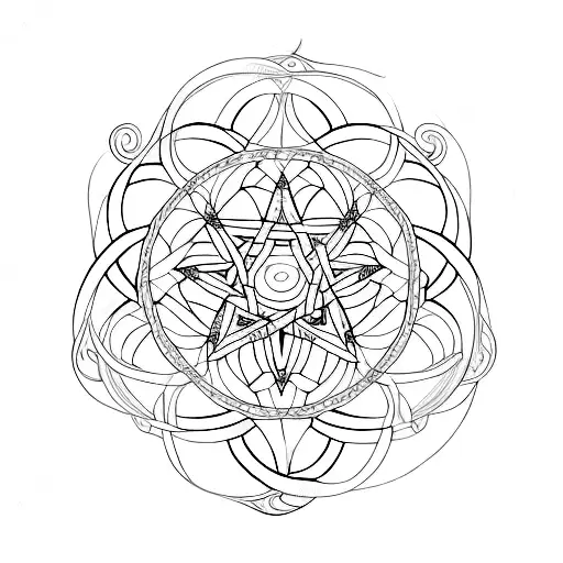 A beautifully intricate pentagram intertwined with delicate floral patterns tattoo design idea