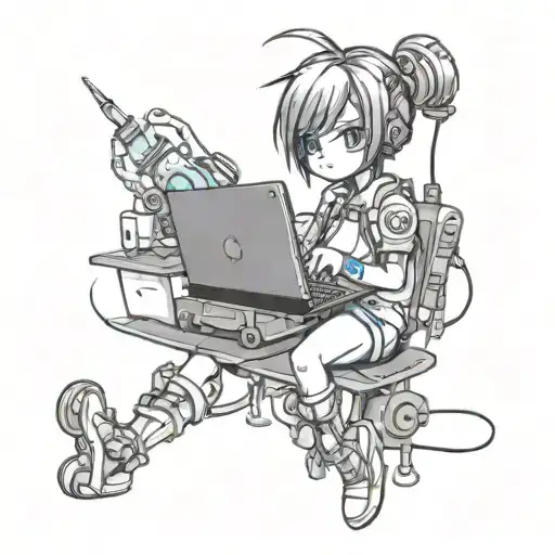 A new-school style tattoo of a cute anime character interacting with QA testing tools and gadgets tattoo design idea