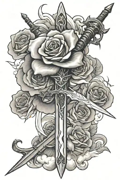 One sword facing downward in clouds with lightning one rose centered over top tattoo design idea